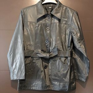 Urban Behavior Shiny Black Faux Leather Trench Coat Button Down Front & Belt Tie